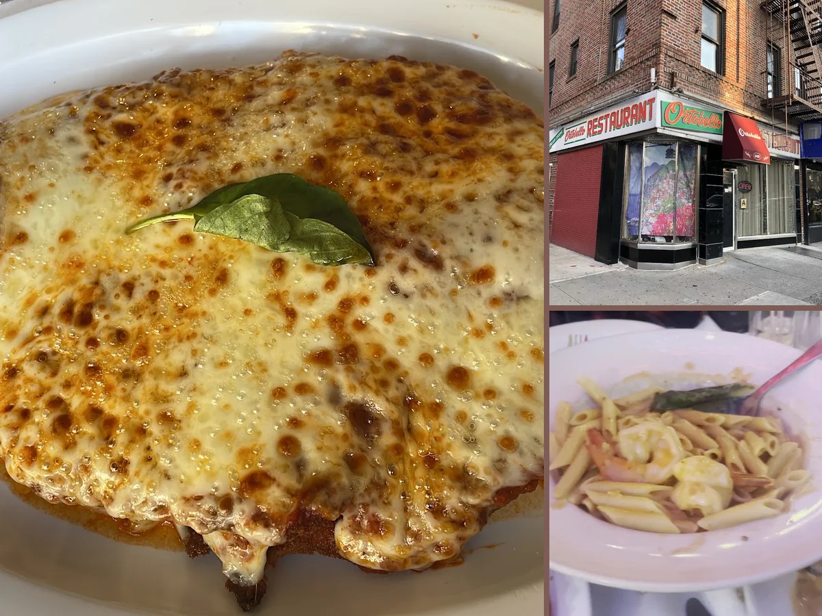 Classic Italian-American dishes on a busy restaurant table.